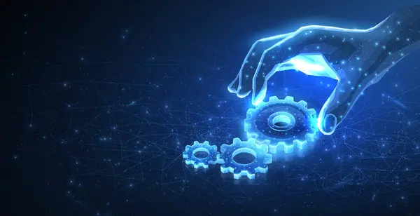 Dijital dişliler ve el. Mekanik tasarım, mühendislik tasarımı, çark, gelecekteki yenilik, dişli mekanizması, kaba çizim, 3D makine, fütüristik motor, geometrik makine, teknoloji konsepti..