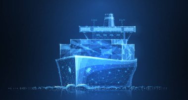 Dünya çapında bir kargo gemisi. Çokgen kablo örgüsü sanatı koyu mavi gökyüzünde noktalı ve yıldızlı takım yıldızına benzer. Ulaşım, lojistik, nakliye konsepti illüstrasyon veya arkaplan