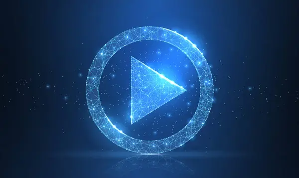 Video oynat. Çokgen kablo oynatma simgesi koyu mavi gece gökyüzünde noktalı ve yıldızlı takım yıldızına benziyor. Video, film, oyuncu veya diğer konsept illüstrasyon veya arkaplan