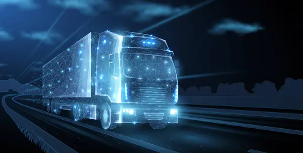 Kamyon. Soyut vektör 3D ağır kamyon minibüsü. Otoyol. Mavide izole edilmiş. Ulaşım aracı, teslimat ulaşımı, kargo lojistik konsepti. Nakliye, uluslararası teslimat endüstrisi..