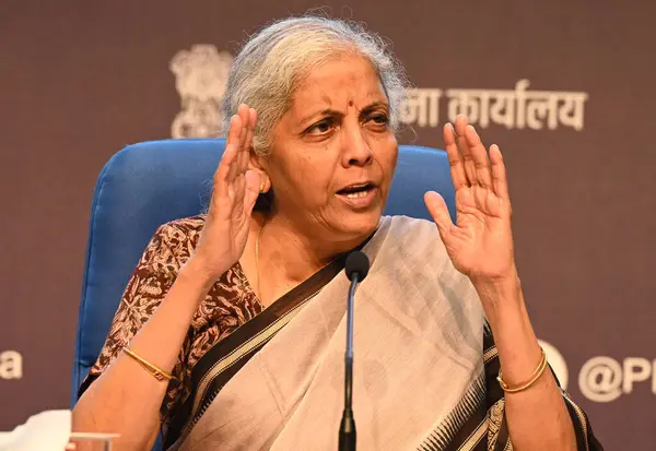 stock image NEW DELHI, INDIA - JULY 23: Union Finance Minister Nirmala Sitharaman addressing a post budget press conference at National Media Centre on July 23, 2024 in New Delhi, India. (Photo by Sonu Mehta/Hindustan Times)