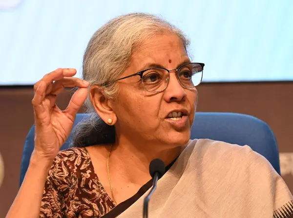 stock image NEW DELHI, INDIA - JULY 23: Union Finance Minister Nirmala Sitharaman addressing a post budget press conference at National Media Centre on July 23, 2024 in New Delhi, India. (Photo by Sonu Mehta/Hindustan Times)