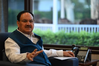NEW DELHI, INDIA - 18 Mayıs: (EDITOR 'un Notu: Bu Hindistan Times) Bharatiya Janata Partisi (BJP) Ulusal Başkanı JP Nadda' nın 18 Mayıs 2024 'te Hindistan' ın başkenti Yeni Delhi 'de verdiği özel röportajda çekilmiş özel bir resmi. (P
