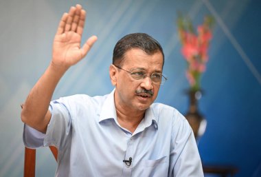 NEW DELHI, INDIA - 22 Mayıs 2024: Delhi Genel Sekreteri Arvind Kejriwal, Hindistan Times 'a verdiği özel röportajda