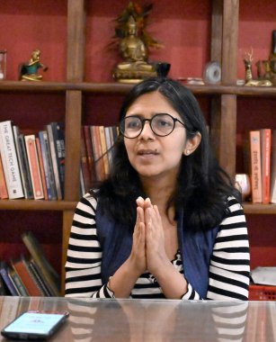 NEW DELHI, INDIA - 26 Mayıs 2024: AAP milletvekili Swati Maliwal, 26 Mayıs 2024 tarihinde Hindistan 'ın başkenti Yeni Delhi' de Hindustan Times 'a verdiği özel röportajda.