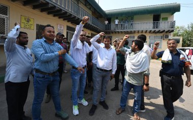 Cluster DTC Bus Staff Employees protest at Rajghat depot as they were fired after working for 10 years on May 24, 2024 in New Delhi, India.  clipart