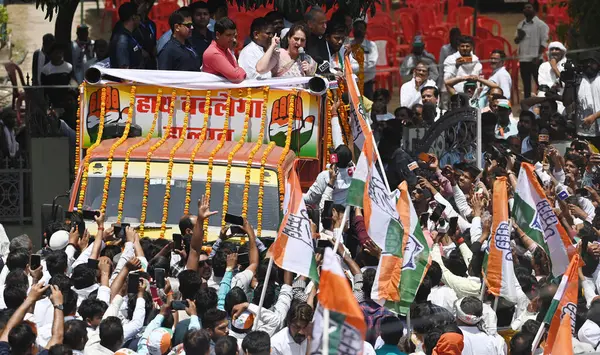 stock image AMETHI, INDIA - MAY 3: Priyanka Gandhi Vadra at the Gauriganj party office in support of her party candidate K.L Sharma who is a Lok Sabha candidate from Amethi Parliamentary seat on May 3, 2024 in Amethi, India. (Photo by Deepak Gupta Hindustan Time