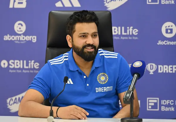 stock image MUMBAI, INDIA - MAY 2, 2024: Indian Cricket Team Captain Rohit Sharma along with Chief Selector Ajit Agarkar addressing to media during the press conference for the upcoming ICC T20 World Cup at BCCI office on May 2, 2024 in Mumbai, India.