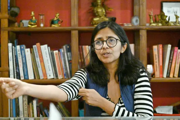 NEW DELHI, INDIA - 26 Mayıs 2024: AAP milletvekili Swati Maliwal, 26 Mayıs 2024 tarihinde Hindistan 'ın başkenti Yeni Delhi' de Hindustan Times 'a verdiği özel röportajda.