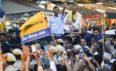 Delhi Chief Minister Arvind Kejriwal during an election campaign rally for Somnath Bharti, AAP candidate for Lok Sabha from Central Delhi, at Malviya Nagar Market, on May 22, 2024 in New Delhi, India.  clipart