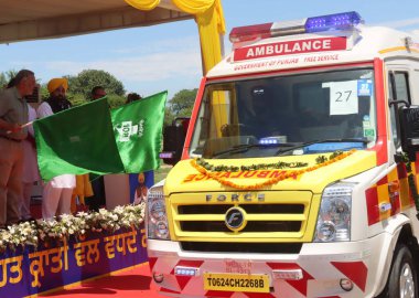 CHANDIGARH, INDIA - JULY 28, 2024: Punjab CM Bhagwant Mann flagged off 58 Ambulances from Rajendra park, on July 28, 2024 in Chandigarh, India. (Photo by Keshav Singh/Hindustan Times)  clipart