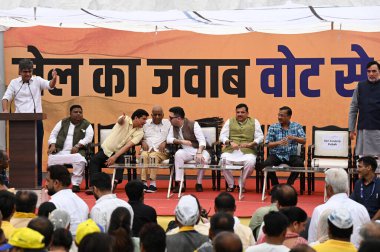 NEW DELHI, INDIA - MAY 19: Delhi Chief Minister Arvind Kejriwal, along with Rajya Sabha MPs Sanjay Singh, Raghav Chadha, Delhi ministers Suarabh Bhardwaj, Gopal Rai during a protest march towards BJP HQ against the arresting of AAP (Aam Aadmi Party)  clipart