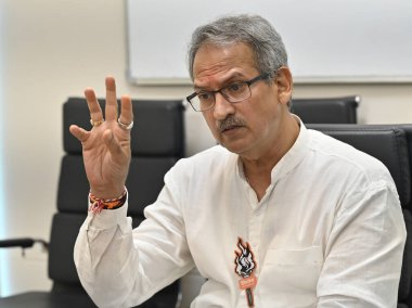 MUMBAI, INDIA - MAY 13: Anil Desai, Shiv Sena (UBT) candidate from Mumbai South Central during his interview at HT office on May 13, 2024 in Mumbai, India. clipart