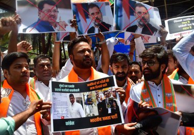 MUMBAI, INDIA - MAY 5, 2024: Bharatiya Janata Yuva Morcha (BJYM) Mumbai, protest against Congress leaders' love of Pakistan and false statements, and Congress hands with terrorists!, on May 5, 2024 in Mumbai, India. clipart