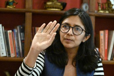 NEW DELHI, INDIA - 26 Mayıs 2024: AAP milletvekili Swati Maliwal, 26 Mayıs 2024 tarihinde Hindistan 'ın başkenti Yeni Delhi' de Hindustan Times 'a verdiği özel röportajda.