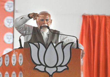 NORTH 24 PARGANAS, INDIA - MARCH 6, 2024: Prime Minister Narendra Modi during a Loksabha election campaign rally in Northeast Delhi on May 18, 2024 in New Delhi, India clipart