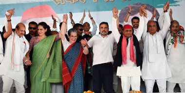 RAE BARELI, INDIA - MAY 17, 2024: Congress leader and Candidate from Raebareli Lok Sabha seat Rahul Gandhi his mother and ex-Congress chief Sonia Gandhi, and sister and party General Secretary Priyanka Gandhi Vadra during a Public meeting clipart