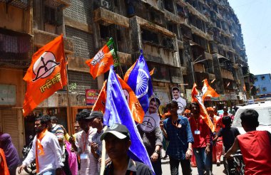MUMBAI, INDIA - MAY 4, 2024: Rahul Shewale, Shiv Sena (Shinde Faction) candidate from Mumbai South Central constituency during the election campaign from Mahim Shahunagar to Dharavi area, on May 4, 2024 in Mumbai, India.
