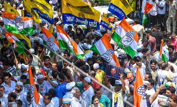 stock image NEW DELHI, INDIA - MAY 6, 2024: Congress candidate from North East Delhi Lok Sabha Constituency Kanhaiya Kumar  during the road show after filing his nomination papers at DC office, at Maujpur on May 6, 2024 in New Delhi, India. 