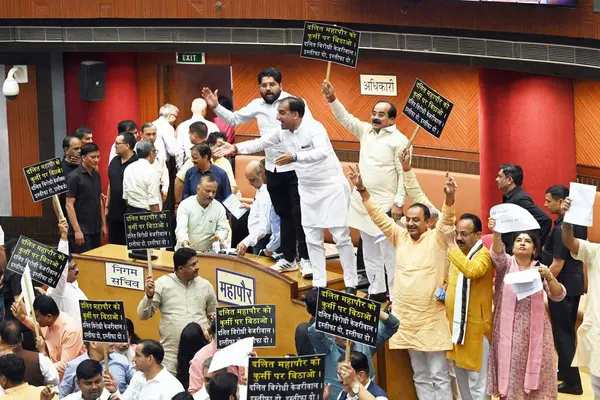 stock image NEW DELHI, INDIA - MAY 14: BJP councilors protest in house of MCD One day session at Civic Centre on May 14, 2024 in New Delhi, India. 