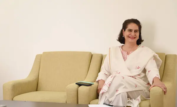 stock image LUCKNOW, INDIA - MAY 18, 2024: Congress General Secretary Priyanka Gandhi Vadra during an exclusive interview with Hindustan Times at her residence in Raebareli