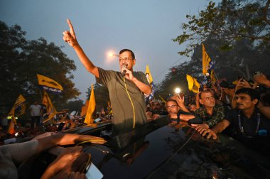 NEW DELHI, INDIA - MAY 10, 2024: Delhi CM Arvind Kejriwal addresses his supporters after release from Tihar Jail on interim bail. The Supreme Court granted interim bail to jailed Delhi Chief Minister Arvind Kejriwal clipart