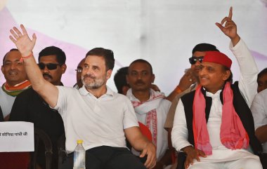 RAE BARELI, INDIA - MAY 17, 2024: Congress leader and Candidate from Raebareli Lok Sabha Rahul Gandhi during a Public meeting clipart