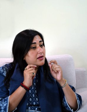 YENİ DELHI, INDIA - 8 MAYIS: 8 MAYIS: Bansuri Swaraj BJP Lok Sabha için Yeni Delhi Seçmen Adayları 8 Mayıs 2004 tarihinde Yeni Delhi, Hindistan 'da verdiği röportajda.