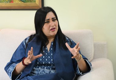 YENİ DELHI, INDIA - 8 MAYIS: 8 MAYIS: Bansuri Swaraj BJP Lok Sabha için Yeni Delhi Seçmen Adayları 8 Mayıs 2004 tarihinde Yeni Delhi, Hindistan 'da verdiği röportajda.