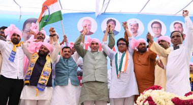 NEW DELHI, INDIA - MAY 23, 2024:  India alliance joint Lok Sabha Candidate Kuldeep Kumar during the Maha Panchayat along with Senior AAP and Congress Leaders Gopal Rai, Sanjay Singh, Former DPCC President Anil Choudhary at Ghazipur village clipart