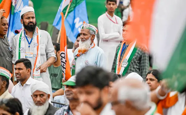 NEW DELHI, INDIA - 23 Mayıs: Dilshad Garden 'daki DDA Arazisi' nde yapılan Lok Sabha anketleri için Kuzey Doğu Delhi seçmen adayı Kanhaiya Kumar için Kongre Başkanı Rahul Gandhi 'nin yapacağı basın toplantısında destekçiler  