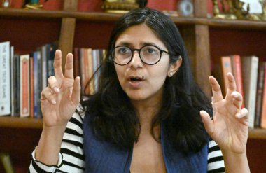 NEW DELHI, INDIA - 26 Mayıs 2024: AAP milletvekili Swati Maliwal, 26 Mayıs 2024 tarihinde Hindistan 'ın başkenti Yeni Delhi' de Hindustan Times 'a verdiği özel röportajda.