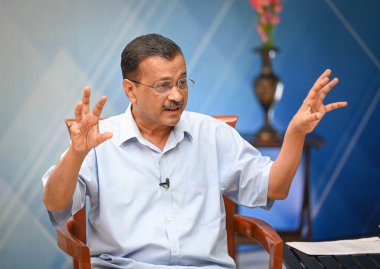 NEW DELHI, INDIA - 22 Mayıs 2024: Delhi Genel Sekreteri Arvind Kejriwal, Hindistan Times 'a verdiği özel röportajda