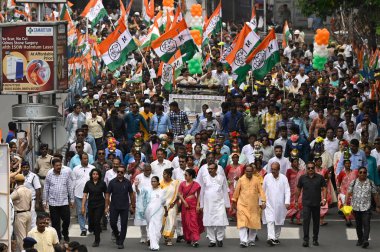 KOLKATA, INDIA - MAY 30: Trinamool Congress (TMC) Chairperson and Chief Minister Mamata Banerjee along with TMC leaders walks from Jadavpur to Kalighat as part of last day Lok Sabha Election campaign on May 30, 2024 in Kolkata, India.  clipart