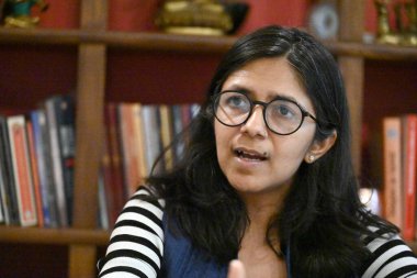 NEW DELHI, INDIA - 26 Mayıs 2024: AAP milletvekili Swati Maliwal, 26 Mayıs 2024 tarihinde Hindistan 'ın başkenti Yeni Delhi' de Hindustan Times 'a verdiği özel röportajda.