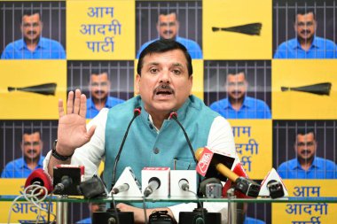 NEW DELHI, INDIA - APRIL 18: AAP Rajya Sabha MP Sanjay Singh during a press conference at Party Office at DDU Marg , on April 18, 2024 in New Delhi, India.  clipart