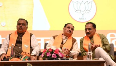 NEW DELHI, INDIA - APRIL 27, 2024: Bharatiya Janta Partisi Genel Sekreteri Tarun Chugh, Delhi BJP başkanı Virendra sachdeva, Bharatiya Janata Partisi Genel Sekreteri, Maninder Singh Sirsa 