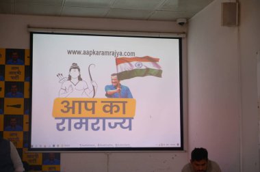 NEW DELHI, INDIA - APRIL 17, 2024: AAP Rajya Sabha MP Sanjay Singh (2L) with Atishi (3L), Saurabh Bharadwaj (L) and Senior leader Jasmine Shah (4L) address a press conference to announce AAP ka Ramrajya website at AAP HQ at Rouse Avenue. clipart