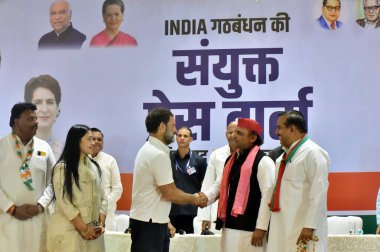 Ghaziabad Congress leader Rahul Gandhi and Samajwadi Party Chief Akhilesh Yadav addressed a joint press conference of INDIA parties at Kaushambi on April 17, 2024 in Ghaziabad, India. clipart