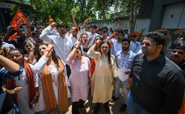 stock image NEW DELHI, INDIA - APRIL 25, 2024: Members of ABVP protests outside the DTC Headquarters against the negligence of DTC bus drivers at DTC Office Indraprastha on April 25, 2024 in New Delhi, India. 