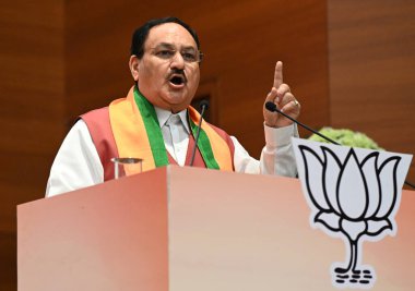 BJP Ulusal Başkanı JP Nadda, Lok Sabha Seçimleri için BJP 'den Sankalp Patra' nın 14 Nisan 2024 'te Yeni Delhi, Hindistan' daki BJP Genel Merkezi 'nde başlatılması sırasında.