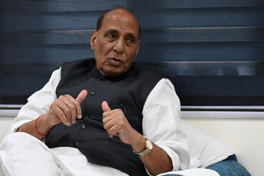 NEW DELHI, INDIA - 20 Nisan: Birlik Savunma Bakanı Rajnath Singh, Hindistan 'ın Yeni Delhi kentinde 20 Nisan 2024 tarihinde Hindistan Times gazetesine verdiği özel röportajda,. 