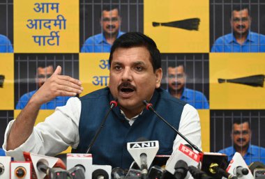 NEW DELHI, INDIA - 13 Nisan 2024: AAP lideri ve Rajya Sabha milletvekili Sanjay Singh, 13 Nisan 2024 tarihinde Yeni Delhi, Hindistan 'da DDU Marg AAP Ofisi' nde düzenlenen basın toplantısında. Sanjay Singh, Delhi Başbakanının hapiste 