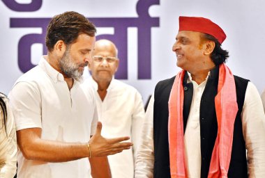 GHAZIABAD, INDIA - APRIL 17: Congress Leader Rahul Gandhi and Samajwadi Party Chief Akhilesh Yadav after addressing a joint press conference of INDIA parties at Kaushambi on April 17, 2024 in Ghaziabad, India. clipart