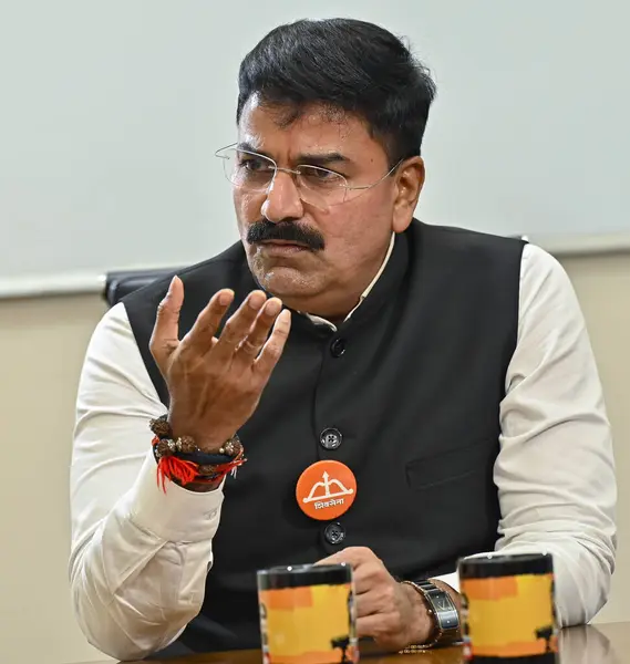 stock image MUMBAI, INDIA - APRIL 30, 2024: Sitting Shiv Sena MP and candidate from Mumbai South Central Lok Sabha Constituency Rahul Shewale during an interview at HT office, on April 30, 2024 in Mumbai, India.