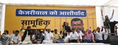 NEW DELHI, INDIA - APRIL 7, 2024: AAP Senior Leaders, Sanjay Singh, addressing the Cabinet Minister and Delhi AAP chief Gopal Rai, Delhi Assembly speaker Ram Niwas Goel, Rakhi Birla, Ministers, Imran Hussa, Kalish Galhot clipart