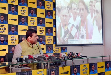 NEW DELHI, INDIA - APRIL 18: AAP Rajya Sabha MP Sanjay Singh during a press conference at Party Office at DDU Marg , on April 18, 2024 in New Delhi, India.  clipart