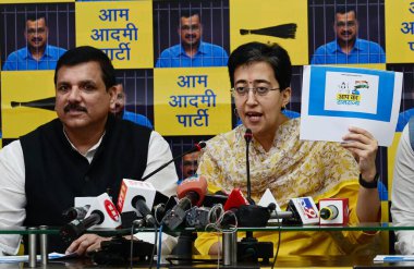 AAP Rajya Sabha MP Sanjay Singh with Atishi address a press conference to announce AAP ka Ramrajya website at AAP HQ at Rouse Avenue on April 17, 2024 in New Delhi, India. clipart