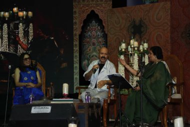 NEW DELHI, INDIA - MARCH 29, 2024: Bollywood actor Neena Gupta, Playwright Danish Iqbal and organizer Neelam Kohli during an event organized by Lutff and Prajna Foundation to celebrate 35 years of the TV serial on the poet Mirza Ghalib's life clipart