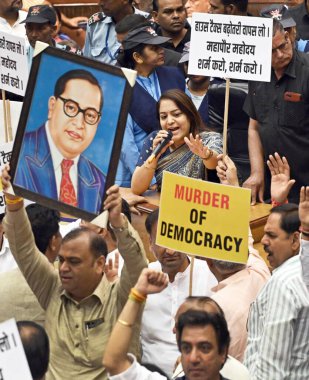 NEW DELHI, INDIA - APRIL 26:  BJP and AAP councilors protest in house of councilors sessions at Civic Centre. The meeting was originally scheduled to hold the elections for the post of mayor and deputy mayor  on April 26, 2024 in New Delhi, India.   clipart